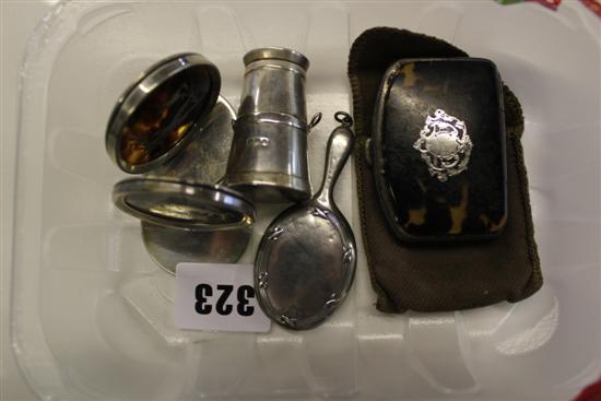 Pair tortoiseshell menu holder, purse, silver miniature, mirror & pepperette